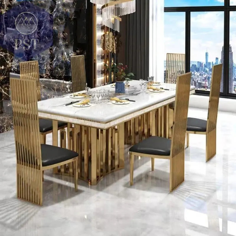 Eleganter Esstisch mit Stühlen Designer Esszimmer Marmor Style Esstisch Set PST PS Tradings Esstisch PST PS Tradings  PST PS Tradings